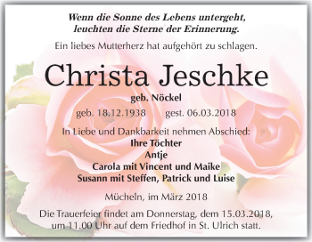 Traueranzeige von Christa Jeschke von Mitteldeutsche Zeitung Merseburg/Querfurt