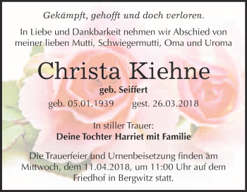 Traueranzeige von Christa Kiehne von WVG - Wochenspiegel Wittenberg