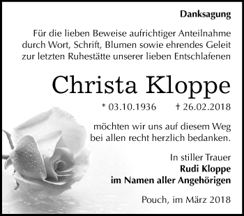 Traueranzeige von Christa Kloppe von Mitteldeutsche Zeitung Bitterfeld