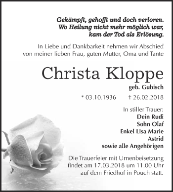 Traueranzeige von Christa Kloppe von WVG - Wochenspiegel Bitterfeld