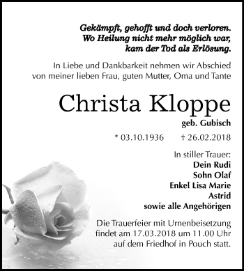 Traueranzeige von Christa Kloppe von Mitteldeutsche Zeitung Bitterfeld