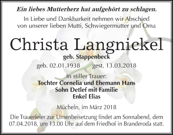 Traueranzeige von Christa Langnickel von Mitteldeutsche Zeitung Merseburg/Querfurt