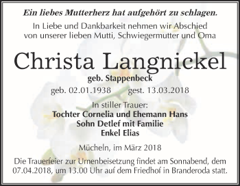Traueranzeige von Christa Langnickel von WVG - Wochenspiegel Merseburg