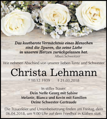 Traueranzeige von Christa Lehmann von WVG - Wochenspiegel Dessau / Köthen