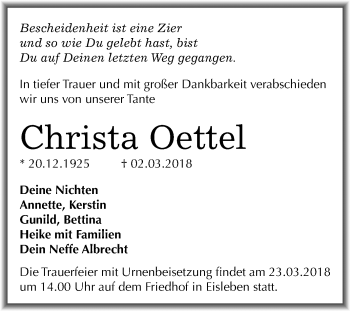 Traueranzeige von Christa Oettel von Mitteldeutsche Zeitung