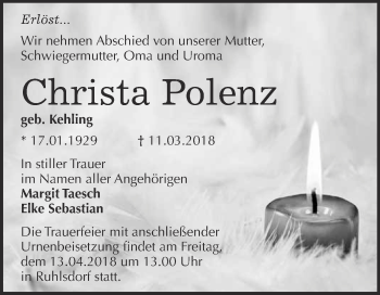 Traueranzeige von Christa Polenz von WVG - Wochenspiegel Wittenberg