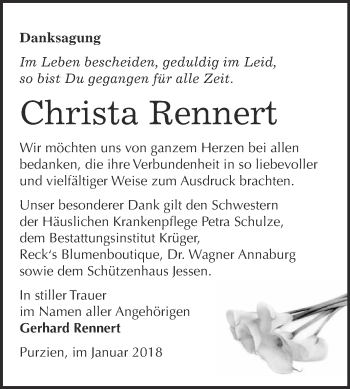 Traueranzeige von Christa Rennert von Super Sonntag Wittenberg