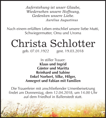 Traueranzeige von Christa Schlotter von Mitteldeutsche Zeitung