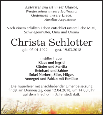 Traueranzeige von Christa Schlotter von WVG - Wochenspiegel Quedlinburg