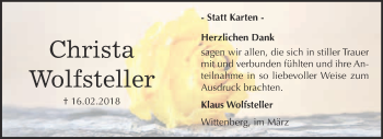Traueranzeige von Christa Wolfsteller von WVG - Wochenspiegel Wittenberg