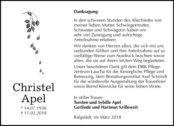 Traueranzeige von Christel Apel von Mitteldeutsche Zeitung