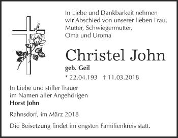 Traueranzeige von Christel John von Super Sonntag Wittenberg