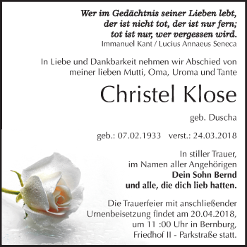 Traueranzeige von Christel Klose von Mitteldeutsche Zeitung Bernburg
