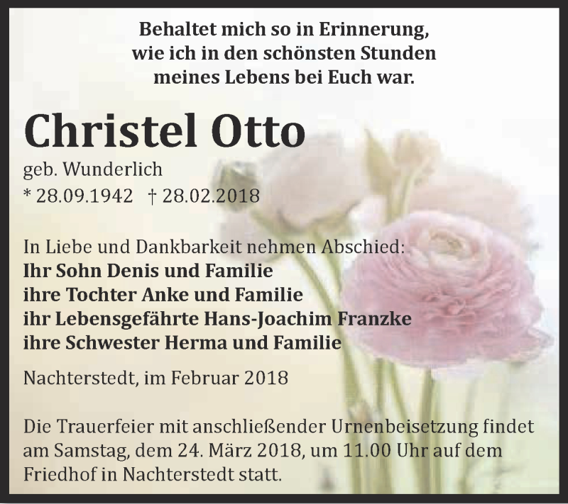  Traueranzeige für Christel Otto vom 10.03.2018 aus Super Sonntag Aschersleben