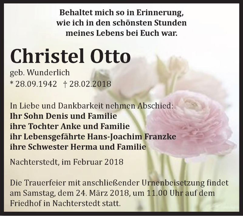  Traueranzeige für Christel Otto vom 10.03.2018 aus Mitteldeutsche Zeitung Aschersleben
