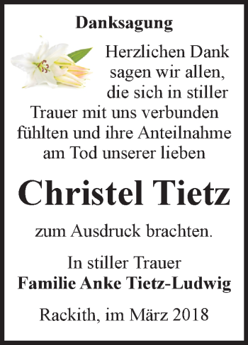 Traueranzeige von Christel Tietz von Mitteldeutsche Zeitung