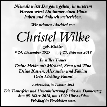 Traueranzeige von Christel Wilke von WVG - Wochenspiegel Quedlinburg