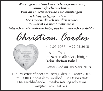 Traueranzeige von Christian Cordes von WVG - Wochenspiegel Dessau / Köthen