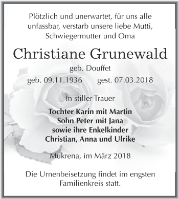 Traueranzeige von Christiane Grunewald von Super Sonntag Bernburg