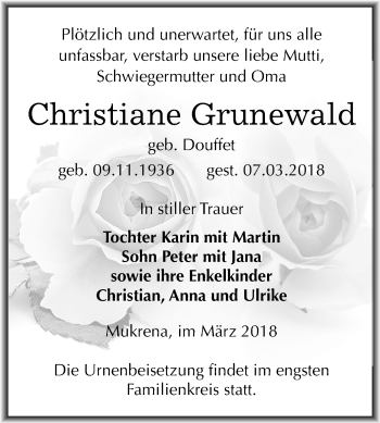 Traueranzeige von Christiane Grunewald von Mitteldeutsche Zeitung Bernburg