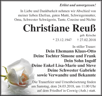 Traueranzeige von Christiane Reuß von WVG - Wochenspiegel Dessau / Köthen