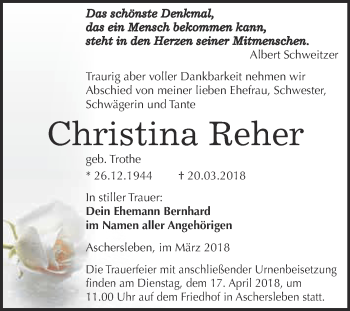 Traueranzeige von Christina Reher von Super Sonntag Aschersleben