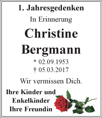 Traueranzeige von Christine Bergmann von Mitteldeutsche Zeitung Dessau-Roßlau