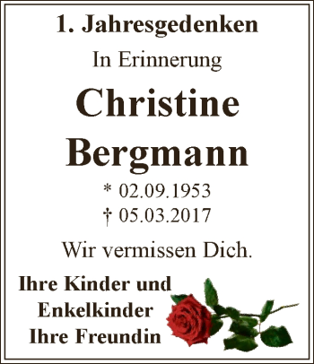 Traueranzeige von Christine Bergmann von WVG - Wochenspiegel Dessau / Köthen