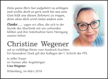 Traueranzeige von Christine Wegener von WVG - Wochenspiegel Wittenberg