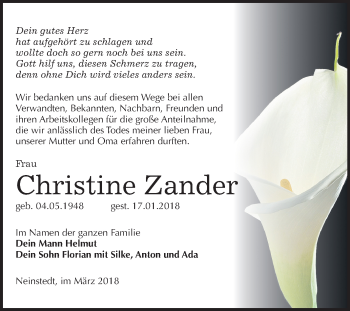 Traueranzeige von Christine Zander von Mitteldeutsche Zeitung