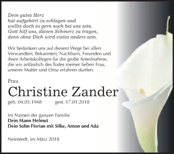 Traueranzeige von Christine Zander von WVG - Wochenspiegel Quedlinburg
