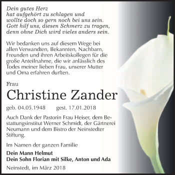 Traueranzeige von Christine Zander von WVG - Wochenspiegel Quedlinburg