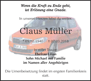 Traueranzeige von Claus Müller von WVG - Wochenspiegel NMB / WSF / ZTZ