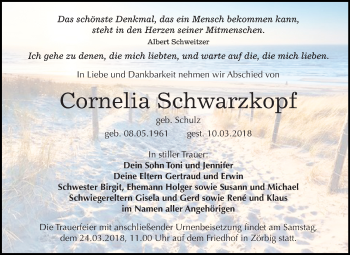 Traueranzeige von Cornelia Schwarzkopf von Mitteldeutsche Zeitung Bitterfeld