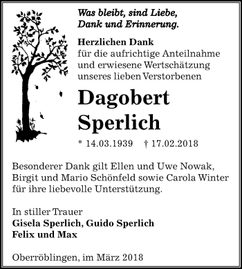 Traueranzeige von Dagobert Sperlich von Mitteldeutsche Zeitung Sangerhausen