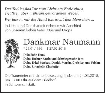 Traueranzeige von Dankmar Naumann von WVG - Wochenspiegel Bitterfeld