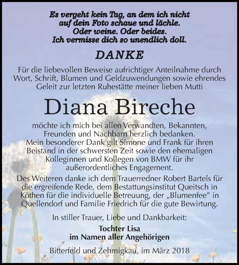  Traueranzeige für Diana Bireche vom 31.03.2018 aus WVG - Wochenspiegel Dessau / Köthen