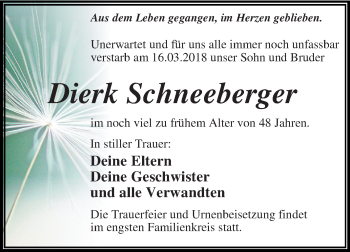 Traueranzeige von Dierk Schneeberger von WVG - Wochenspiegel Dessau / Köthen