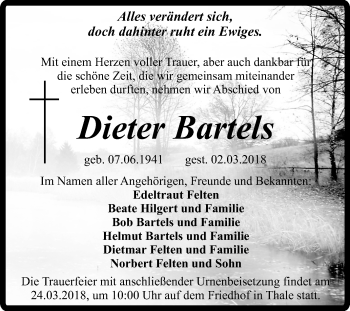 Traueranzeige von Dieter Bartels von Super Sonntag Quedlinburg