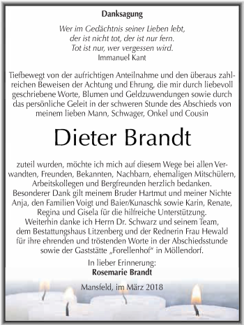 Traueranzeige von Dieter Brandt von Super Sonntag SGH Mansf. Land