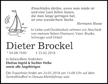Traueranzeige von Dieter Brockel von WVG - Wochenspiegel Dessau / Köthen