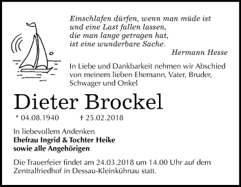 Traueranzeige von Dieter Brockel von Mitteldeutsche Zeitung