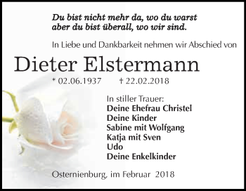 Traueranzeige von Dieter Elstermann von WVG - Wochenspiegel Dessau / Köthen