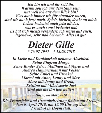 Traueranzeige von Dieter Gille von Super Sonntag Aschersleben
