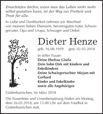 Traueranzeige von Dieter Henze von WVG - Wochenspiegel Wittenberg