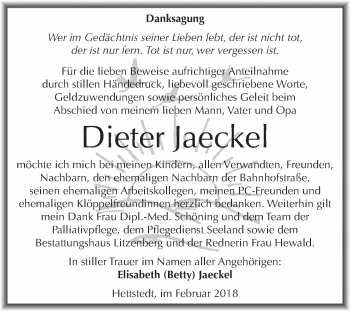 Traueranzeige von Dieter Jaeckel von Wochenspiegel Mansfelder Land