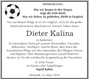 Traueranzeige von Dieter Kalina von Super Sonntag SGH Mansf. Land