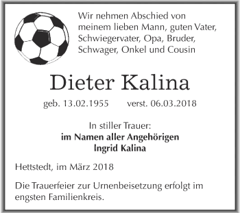 Traueranzeige von Dieter Kalina von Super Sonntag SGH Mansf. Land