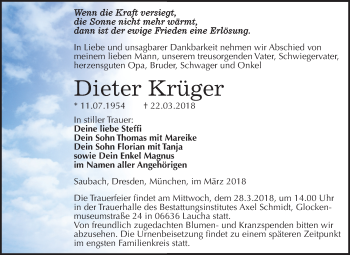 Traueranzeige von Dieter Krüger von Mitteldeutsche Zeitung