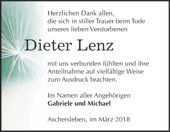 Traueranzeige von Dieter Lenz von Super Sonntag Bernburg